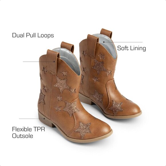 Girls Camel Cowgirl Mid Calf Glitter Western Boots Toddler Star Riding Shoes - Picture 3 of 6